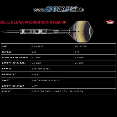BULLS NL Steel Darts Luna Phobos 90% Tungsten Steeltip Darts Steeldart 23 g