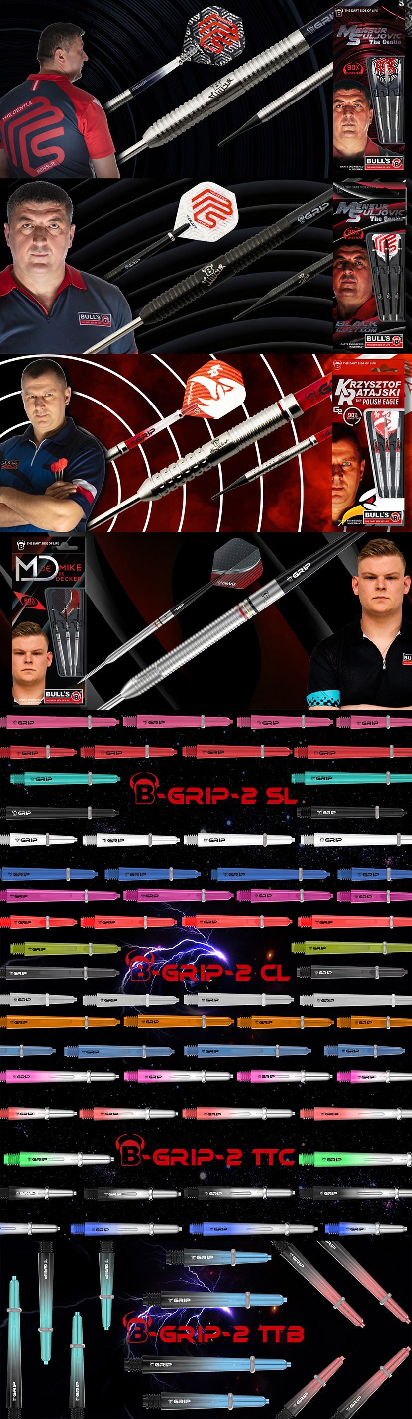 Bulls Embassy 2020 Dart Collection Launch 13.03.2020 Bulls Dart News Neuheiten 2020, Neue Darts Mensur Suljovic, Mike de Decker Darts, Krzysztof Ratajski, Bulls B-Grip-2 Shafts & Bulls Orbis Darts Cases Taschen & Playershirts Steve Lennon, Rowby John Rodriguez