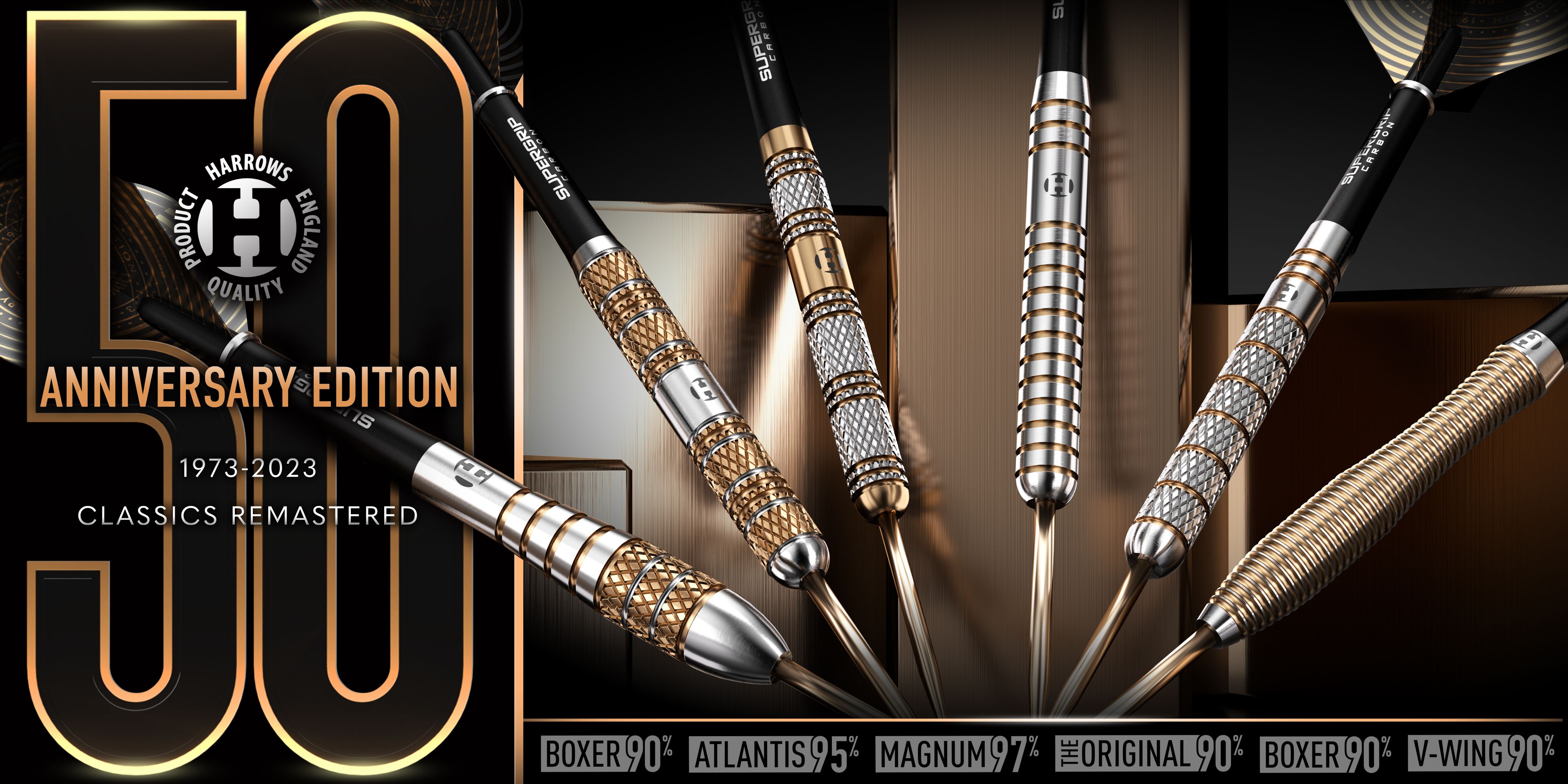Harrows Dart-News Launch 2023 50 Years Golden Anniversary Edition am 27.09.2023, Steel und Softdarts Boxer Parallel, Boxer Bomb, Magnum, Atlantis, The Original, V-Wing, Anniversary Prime Flight