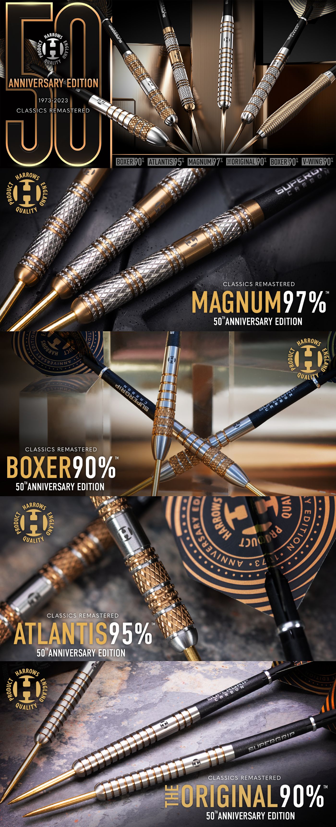 Harrows Dart-News Launch 2023 50 Years Golden Anniversary Edition am 27.09.2023, Steel und Softdarts Boxer Parallel, Boxer Bomb, Magnum, Atlantis, The Original, V-Wing, Anniversary Prime Flight