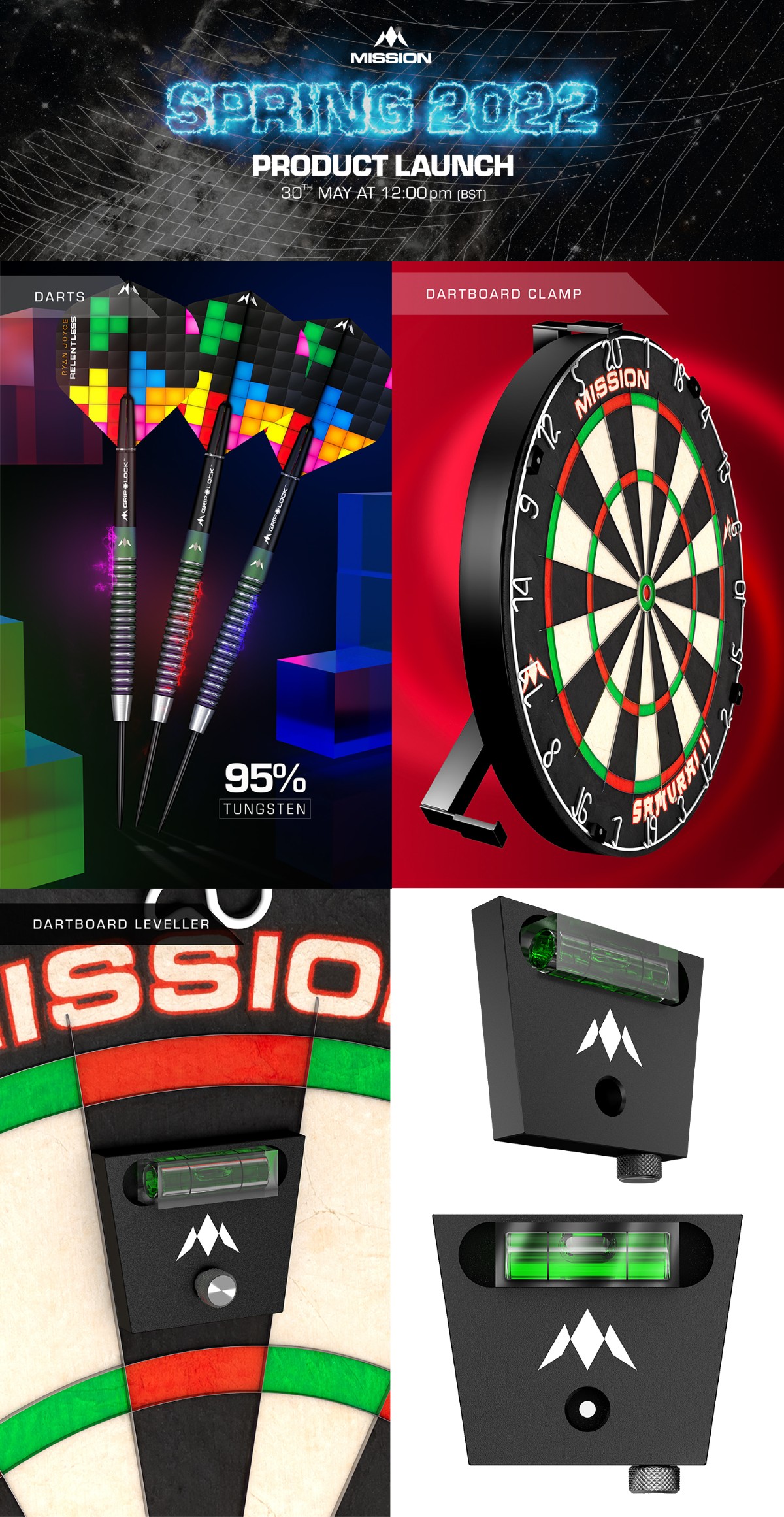 Mission Dart 2022 Produkt Launch 30.05.2022 13 Uhr neue Mission Ryan Joyce Relentless Steeldarts & Softdarts, Mission Dart professionell gefederte Dartboardhalterung auch geeignet für Torus 100 & 270, Dartboard Wasserwaage
