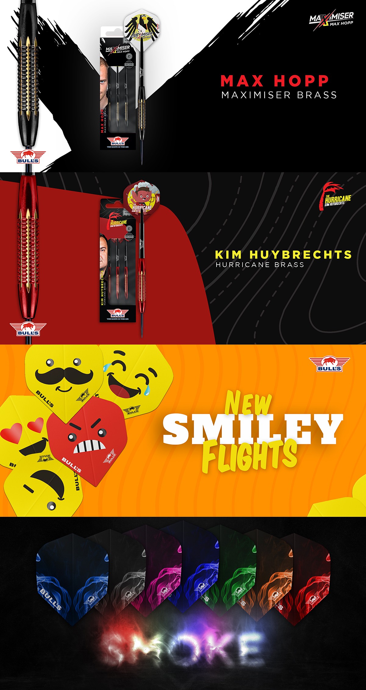 Neue Bulls NL Steeldarts Max Hopp Maximiser Brass 21 g,  Kim Huybrechts The Hurricane Brass 21 g Bulls Niederlande 2021 Dart Launch 10. Dezember 2021 - BULL'S NL Smiley Flights - Bulls NL Smoke Dartflights - Bulls NL Airstriper Shaft