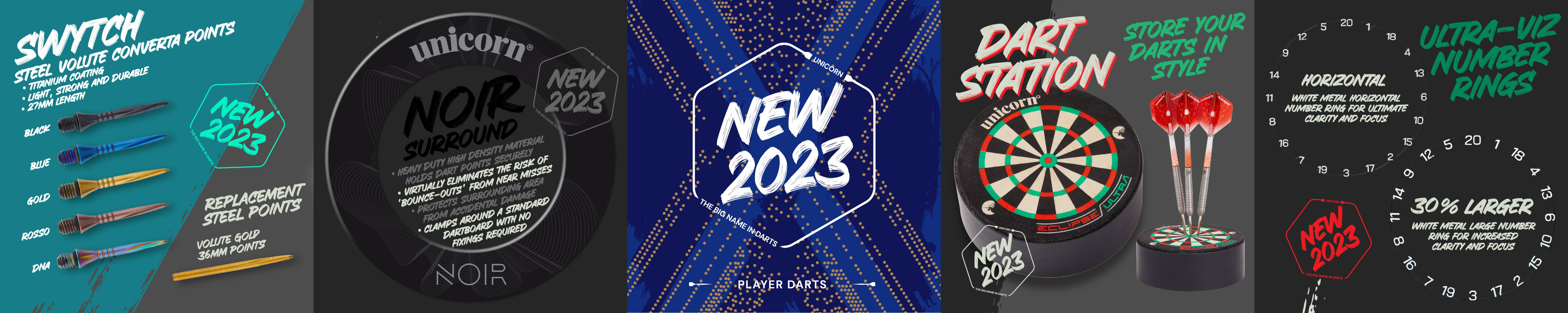 unicorn Dart Launch 2023 Dart Neuheiten News 2022 - 2023 Steel & Softdarts Gary Anderson W.C. Phase 6, Silverstar Blue, Jeffrey de Zwaan P2, Ian White P2, Seigo Asada P3, Noir Dart Case, Surround, Two Tone Shafts 2023