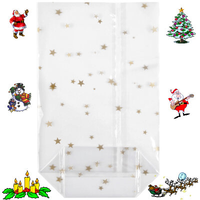 GOKarli Kreuzbodenbeutel OPP transparent Weihnachten goldene Sterne 180 x 300 mm 30 my 100 Stück