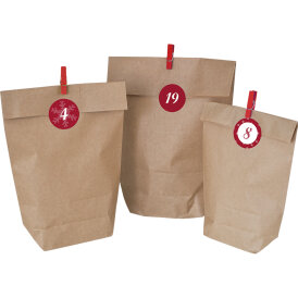 Adventskalender-Set Kreuzbodenbeutel 24 Adventstüten in 3 Größen, 24 Zahlensticker & 24 Deko-Klammern