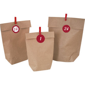 Adventskalender-Set Kreuzbodenbeutel 24 Adventstüten in 3 Größen, 24 Zahlensticker & 24 Deko-Klammern