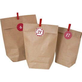 Adventskalender-Set Kreuzbodenbeutel 24 Adventstüten in 3 Größen, 24 Zahlensticker & 24 Deko-Klammern