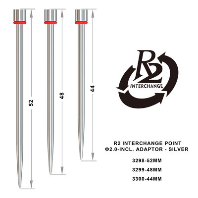 one80 Steel Darts R2 Revolution Interchange Points 2,0 mm Point Wechselspitzen incl. Adaptor Silber Smooth 2,00mm 52 mm