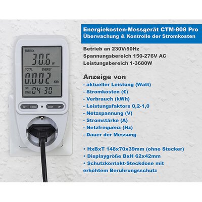 Energiekosten-Messgerät CTM-808 Pro LC-Display, Messung bis zu 3680W