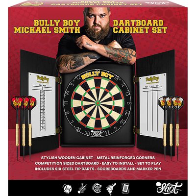 Shot Dart Michael Smith Bully Boy Cabinet Set Sisal Dartboard & 6 Darts