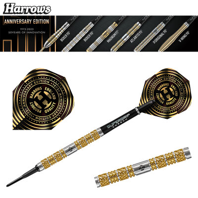 Fléchettes Harrows Soft Tip 50th Anniversary Edition - Baril Tungstène Plaqué Or 18g - Avec Tiges Et Ailettes - Pour Joueurs Sérieux