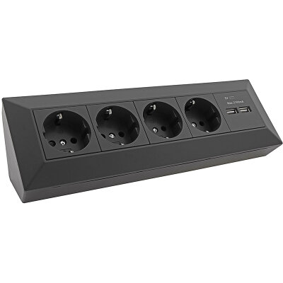 4-fach Steckdosenblock + 2x USB, schwarz 250V~/ 16A, Aufbaumontage, USB 3,1A