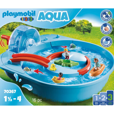 Playmobil 1.2.3 AQUA Fr�hliche Wasserbahn mit Kurbel f�r den Wasserstrudel, Br�cke und verstecktem Wasserkanal 70267 / bespielt