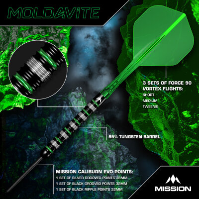 Mission Darts Steel Darts Moldavite 95% Tungsten mit Caliburn EVO-Spitze Steeltip Darts Steeldart