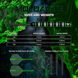 Mission Darts Steel Darts Moldavite 95% Tungsten mit Caliburn EVO-Spitze Steeltip Darts Steeldart