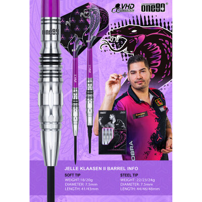 one80 Soft Dart Jelle Klaasen The Cobra V2 VHD 90% Tungsten Softtip Dart Softdart 20 g / leicht bespielt
