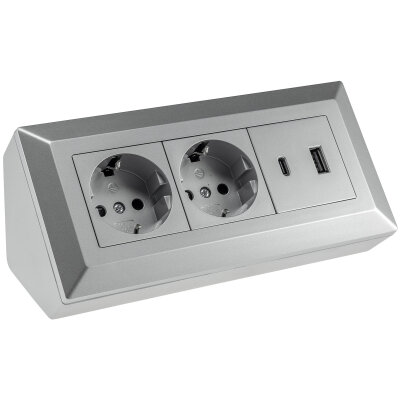 2-fach Steckdosenblock, USB-A+C, silber 250V~/ 16A, Aufbaumontage, USB 3,1A, PD