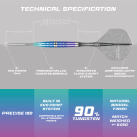 Precise180 Steel Darts Northern Lights mit SUP Fligths Caliburn EVO Point 90% Tungsten Steeltip Dart Steeldart