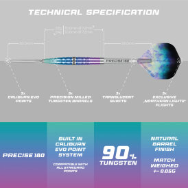 Precise180 Steel Darts Northern Lights Caliburn EVO Point 90% Tungsten Steeltip Dart Steeldart
