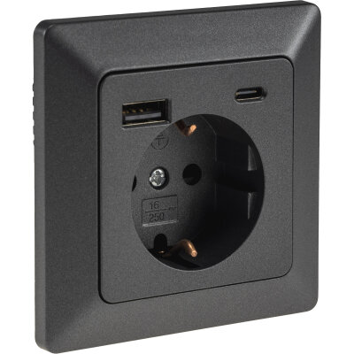 MILOS Schutzkontakt-Steckdose 230V~/ 16A, Unterputz, USB-A/C PD 3.0, Anthrazit